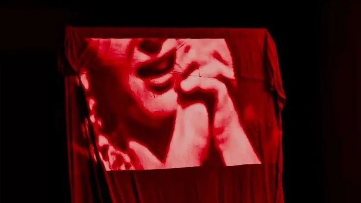 A face projected onto a red sheet hanging in a dark room