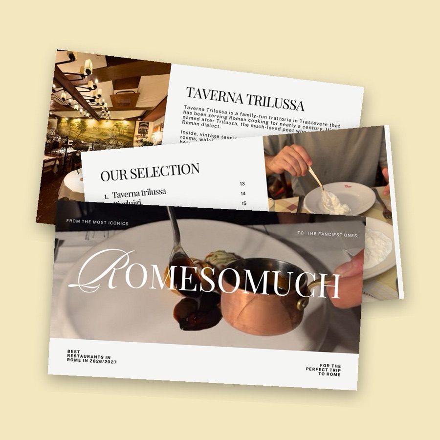 Pages from the RomeSoMuch restaurant guide: the cover, the selection list and the Taverna Trilussa page